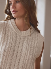White Ecru 100% Lambswool Premium Sleeveless Cable Knitted Jumper Tank Vest Top - Image 4 of 8