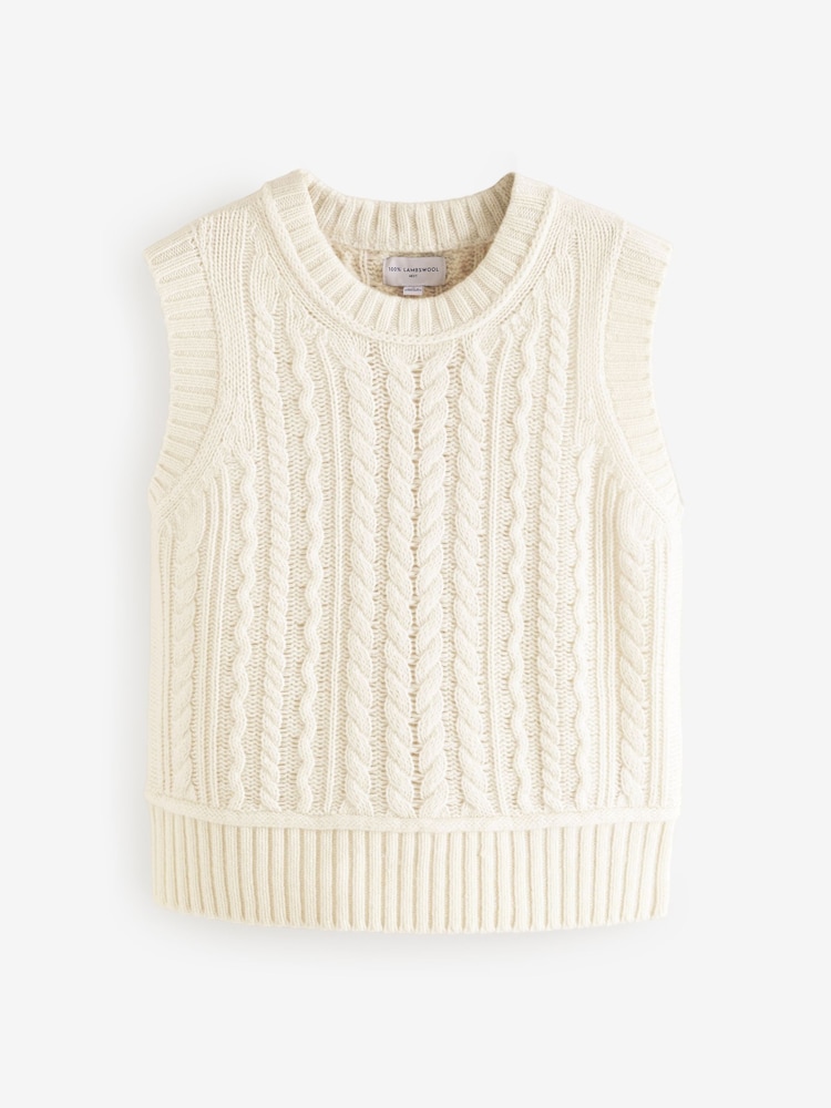 White Ecru 100% Lambswool Premium Sleeveless Cable Knitted Jumper Tank Vest Top - Image 5 of 8
