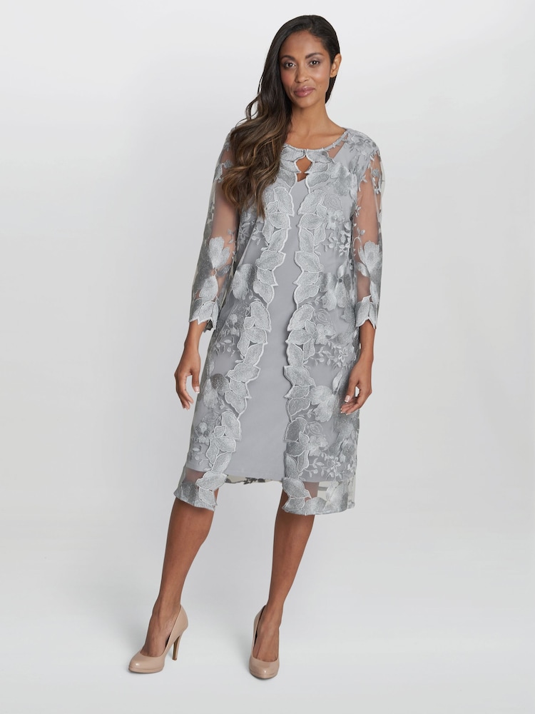 Gina Bacconi Grey Savoy Embroidered Lace Mock Jacket With Jersey Dress - Image 1 of 4