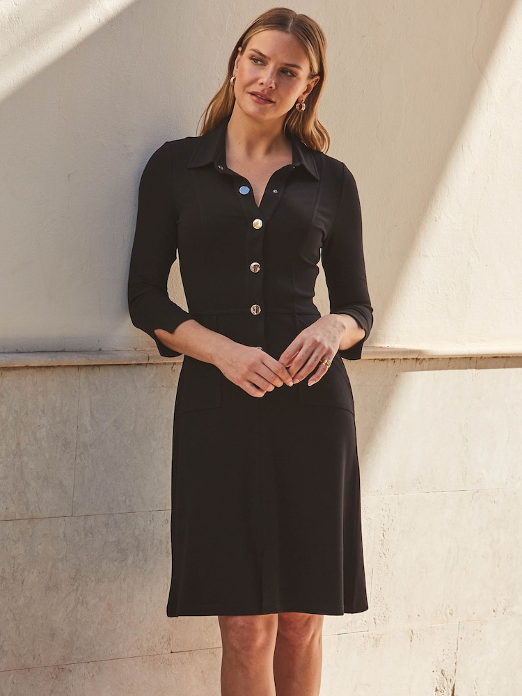 Sosandar Black Ponte Popper Front Jersey Dress - Image 1 of 5