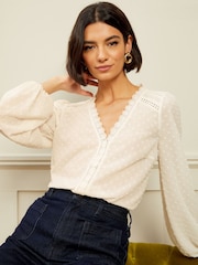 Love & Roses Ivory White V Neck Lace Trim Dobby Blouse - Image 1 of 4
