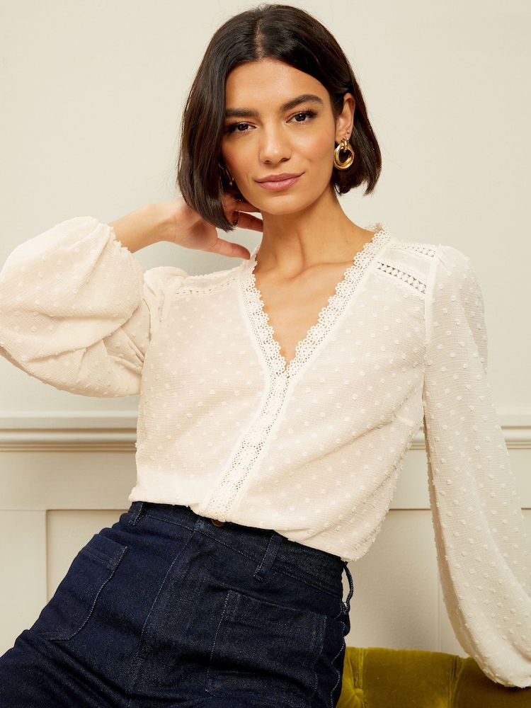 Love & Roses Ivory White V Neck Lace Trim Dobby Blouse - Image 1 of 4