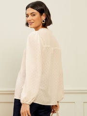 Love & Roses Ivory White V Neck Lace Trim Dobby Blouse - Image 3 of 4