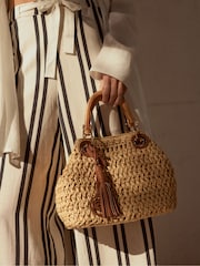 Dune London Natural Deltaz Wooden Handle Raffia Grab Bag - Image 1 of 7