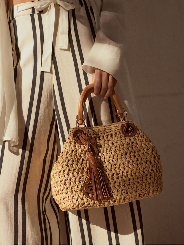 Dune London Natural Deltaz Wooden Handle Raffia Grab Bag - Image 1 of 7