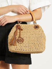 Dune London Natural Deltaz Wooden Handle Raffia Grab Bag - Image 4 of 7