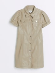 River Island Cream Girls Seamed Faux Leather Shirt Dress - Image 1 of 3