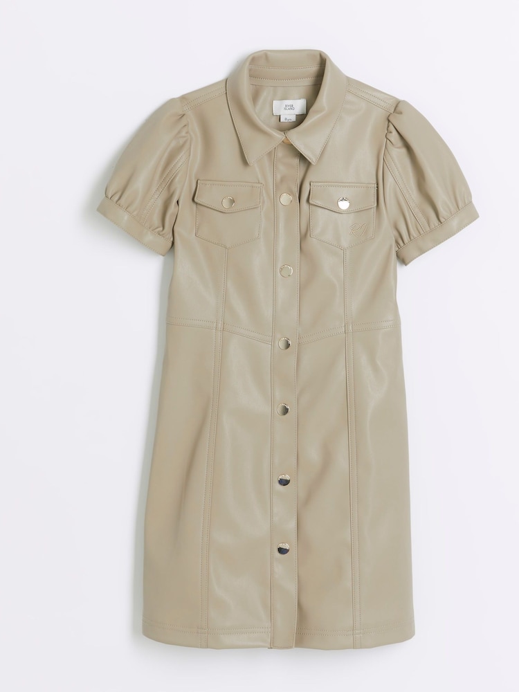 River Island Cream Girls Seamed Faux Leather Shirt Dress - Image 1 of 3