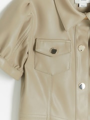 River Island Cream Girls Seamed Faux Leather Shirt Dress - Image 2 of 3