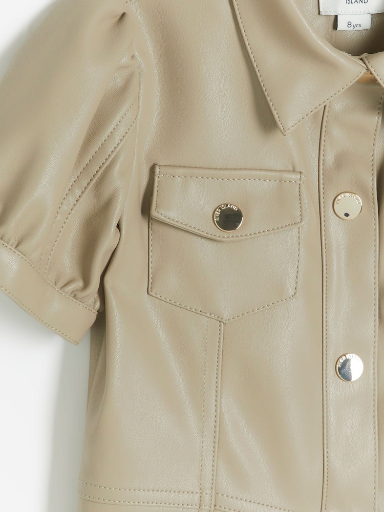River Island Cream Girls Seamed Faux Leather Shirt Dress - Image 2 of 3