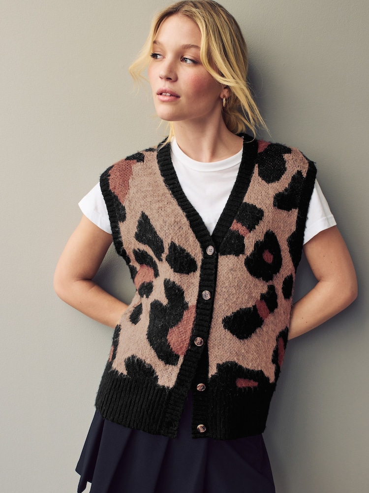 Leopard Button Front Knitted Tank Top - Image 1 of 8 Leopard Button Front Knitted Tank Top - Image 1 of 8