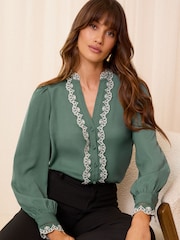 Love & Roses Green Satin Broderie Ruffle Long Sleeve Blouse - Image 1 of 4
