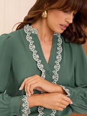 Love & Roses Green Satin Broderie Ruffle Long Sleeve Blouse - Image 2 of 4