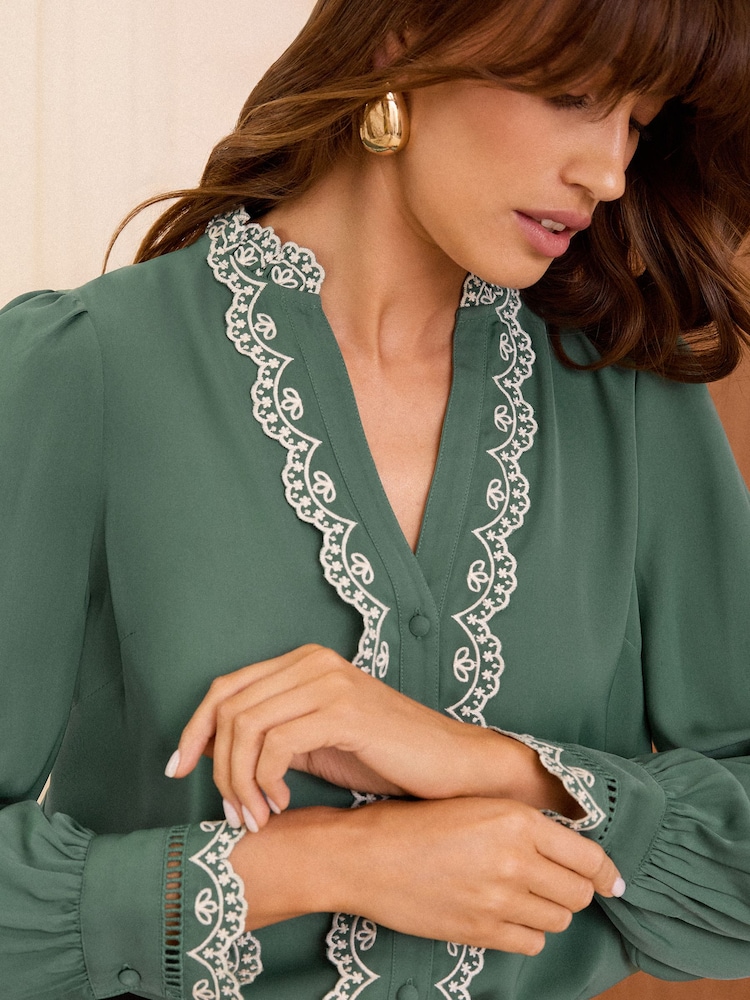 Love & Roses Green Satin Broderie Ruffle Long Sleeve Blouse - Image 2 of 4