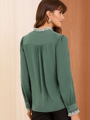 Love & Roses Green Satin Broderie Ruffle Long Sleeve Blouse - Image 3 of 4