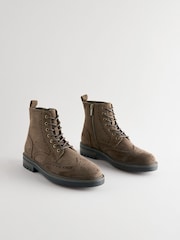Khaki Green Brogue Zip Up Boots - Image 1 of 6