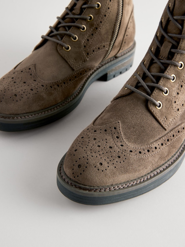 Khaki Green Brogue Zip Up Boots - Image 6 of 6