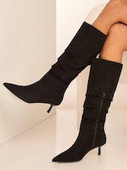 Lipsy Black Wide Fit Kitten Heel Faux Leather Ruched Long Knee High Boot - Image 1 of 4