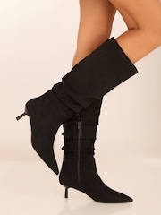 Lipsy Black Wide Fit Kitten Heel Faux Leather Ruched Long Knee High Boot - Image 4 of 4