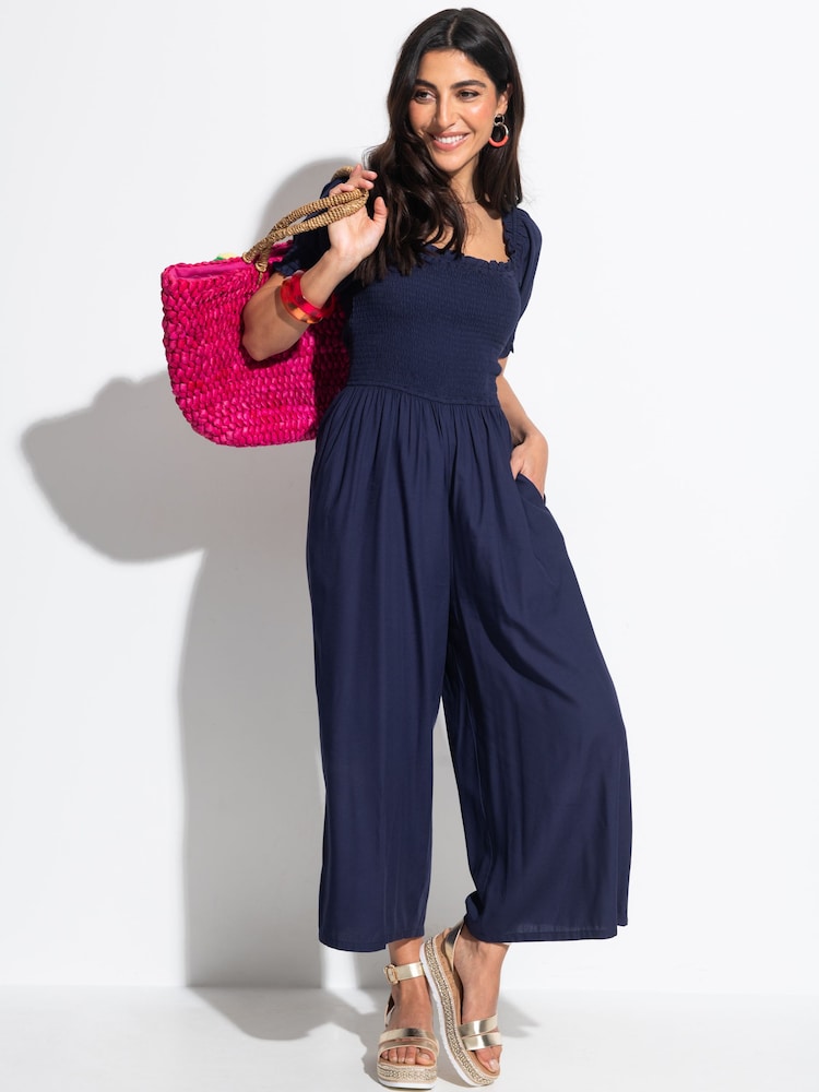 Pour Moi Navy Blue Sally Fuller Bust Shirred Bodice LENZING™ ECOVERO™ Puff Sleeve Jumpsuit - Image 1 of 4