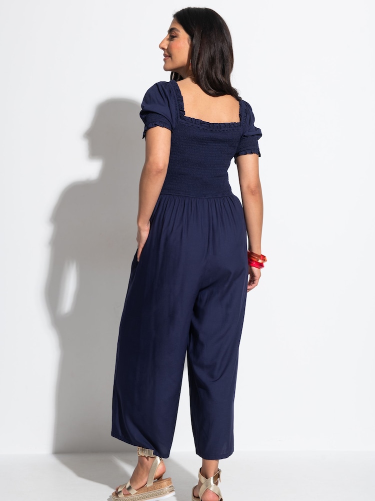 Pour Moi Navy Blue Sally Fuller Bust Shirred Bodice LENZING™ ECOVERO™ Puff Sleeve Jumpsuit - Image 2 of 4