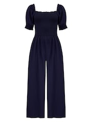 Pour Moi Navy Blue Sally Fuller Bust Shirred Bodice LENZING™ ECOVERO™ Puff Sleeve Jumpsuit - Image 3 of 4