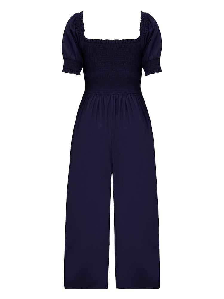 Pour Moi Navy Blue Sally Fuller Bust Shirred Bodice LENZING™ ECOVERO™ Puff Sleeve Jumpsuit - Image 4 of 4