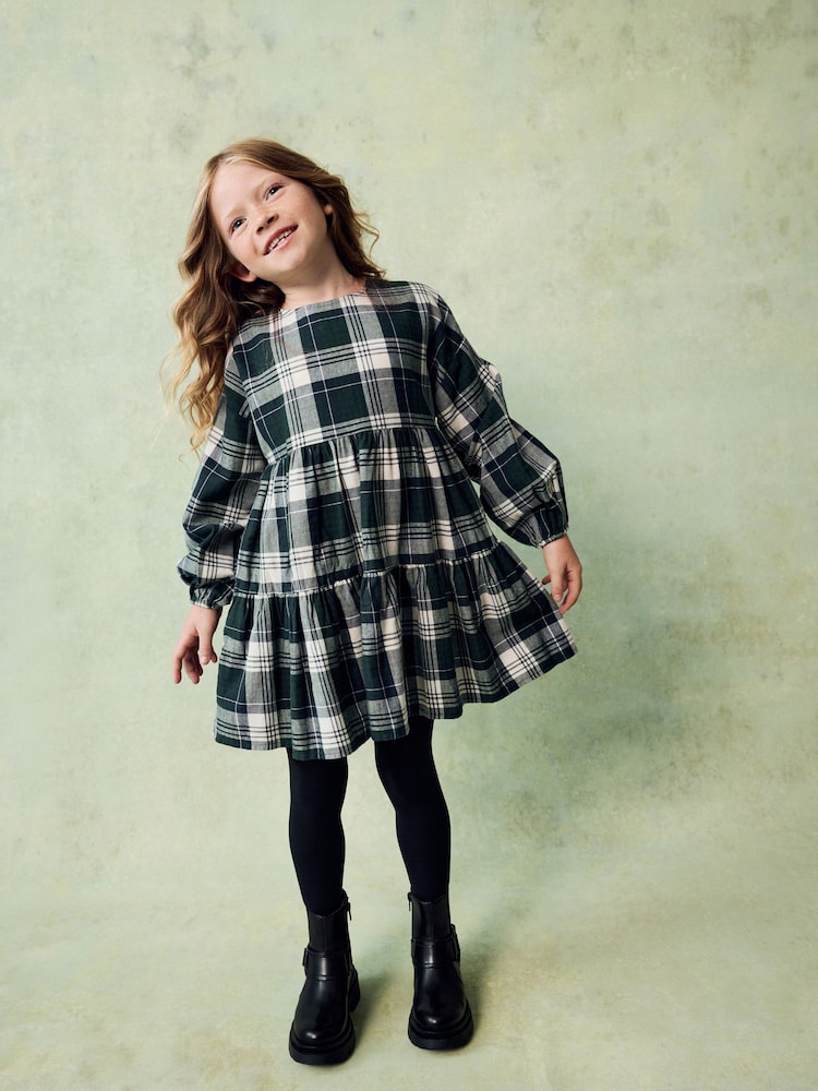 Green Check Long Sleeve Tiered 100% Cotton Dress (3-16yrs) - Image 1 of 7