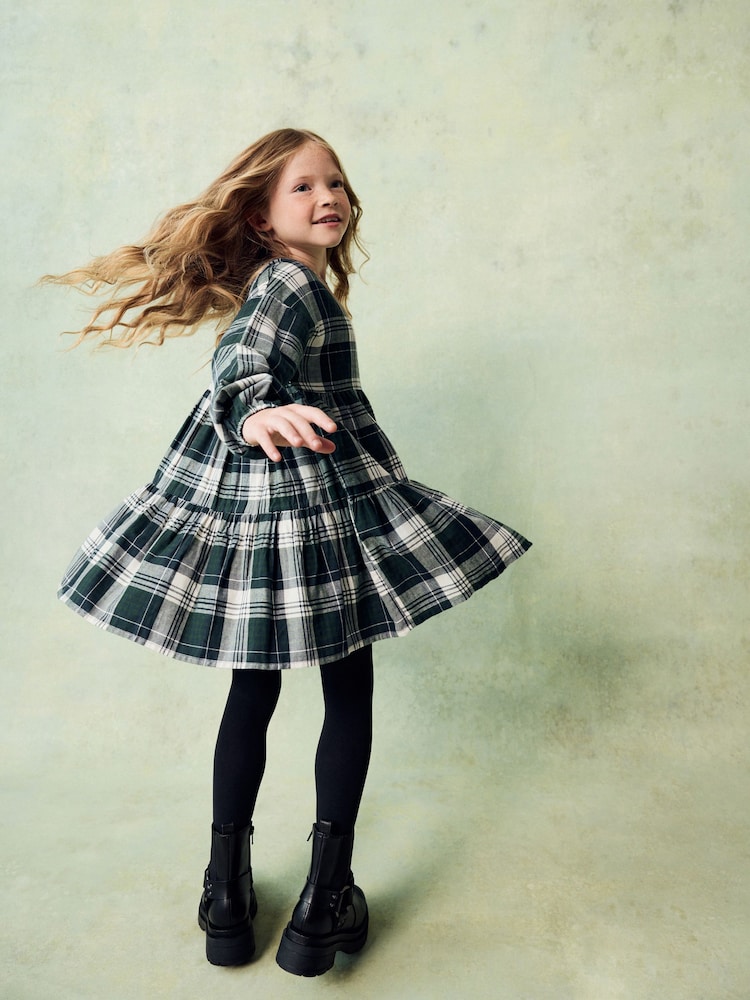 Green Check Long Sleeve Tiered 100% Cotton Dress (3-16yrs) - Image 2 of 7