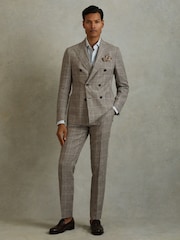 Reiss Light Taupe Burgess 100% Linen Side Adjuster Check Slim Fit Trousers - Image 1 of 5