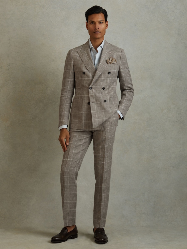 Reiss Light Taupe Burgess 100% Linen Side Adjuster Check Slim Fit Trousers - Image 1 of 5