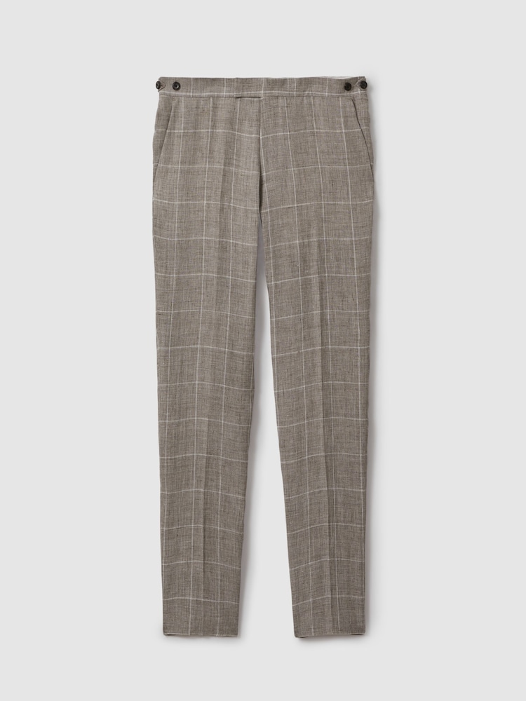 Reiss Light Taupe Burgess 100% Linen Side Adjuster Check Slim Fit Trousers - Image 2 of 5
