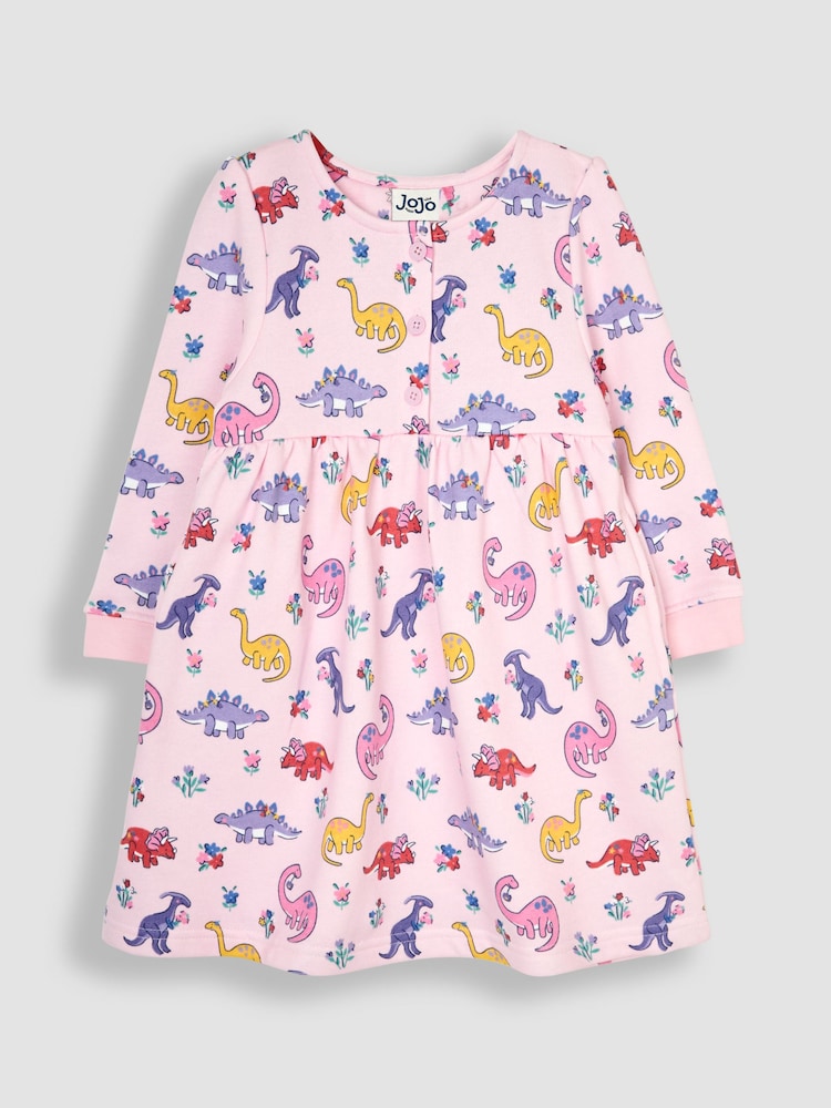 JoJo Maman Bébé Pink Dino Floral Button Sweat Dress - Image 1 of 4