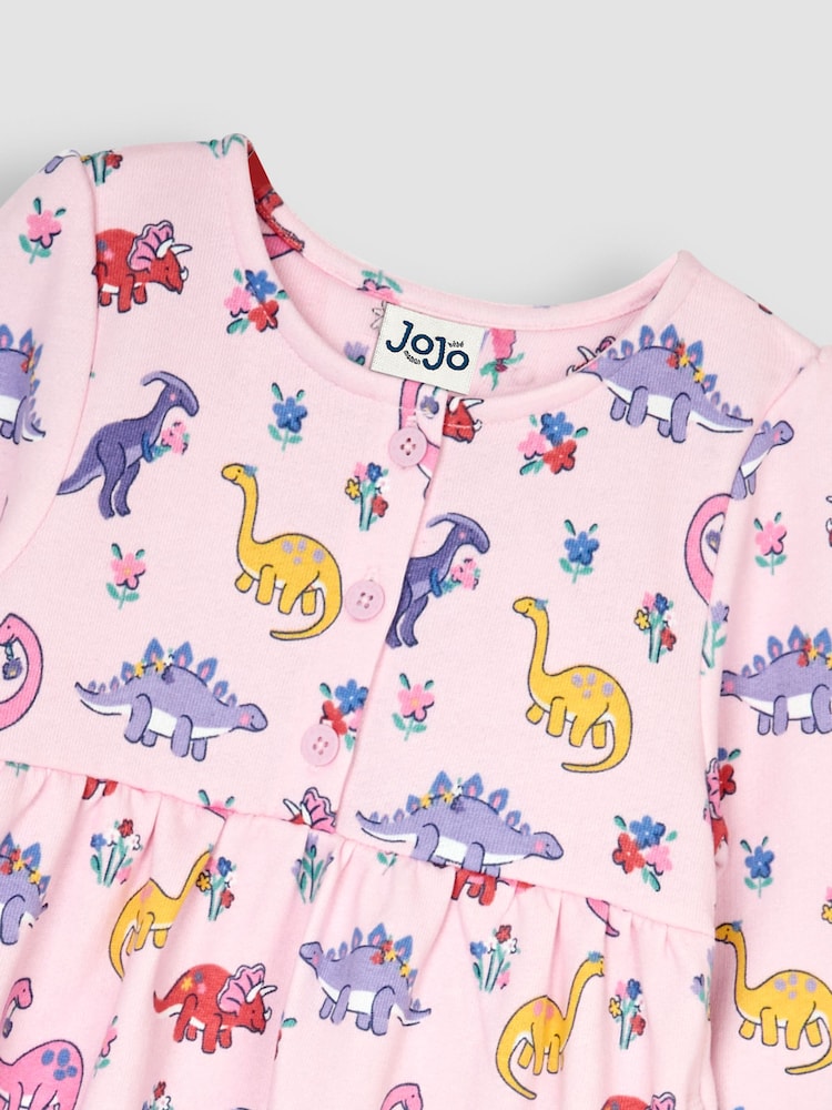 JoJo Maman Bébé Pink Dino Floral Button Sweat Dress - Image 4 of 4
