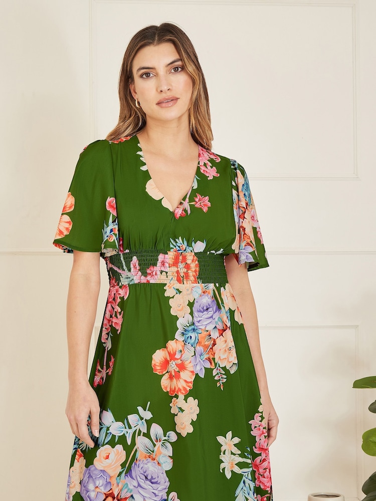 Mela Green Floral Ruched Waist Mavi Dress With Split Hemline - Image 2 of 5 Mela Green Floral Ruched Waist Mavi Dress With Split Hemline - Image 2 of 5