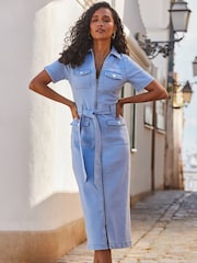 Sosandar Blue Denim Zip Front Utility Midi Dress - Image 1 of 5