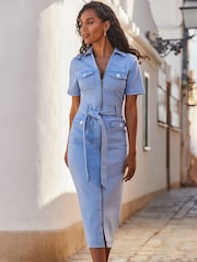 Sosandar Blue Denim Zip Front Utility Midi Dress - Image 2 of 5