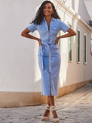 Sosandar Blue Denim Zip Front Utility Midi Dress - Image 5 of 5