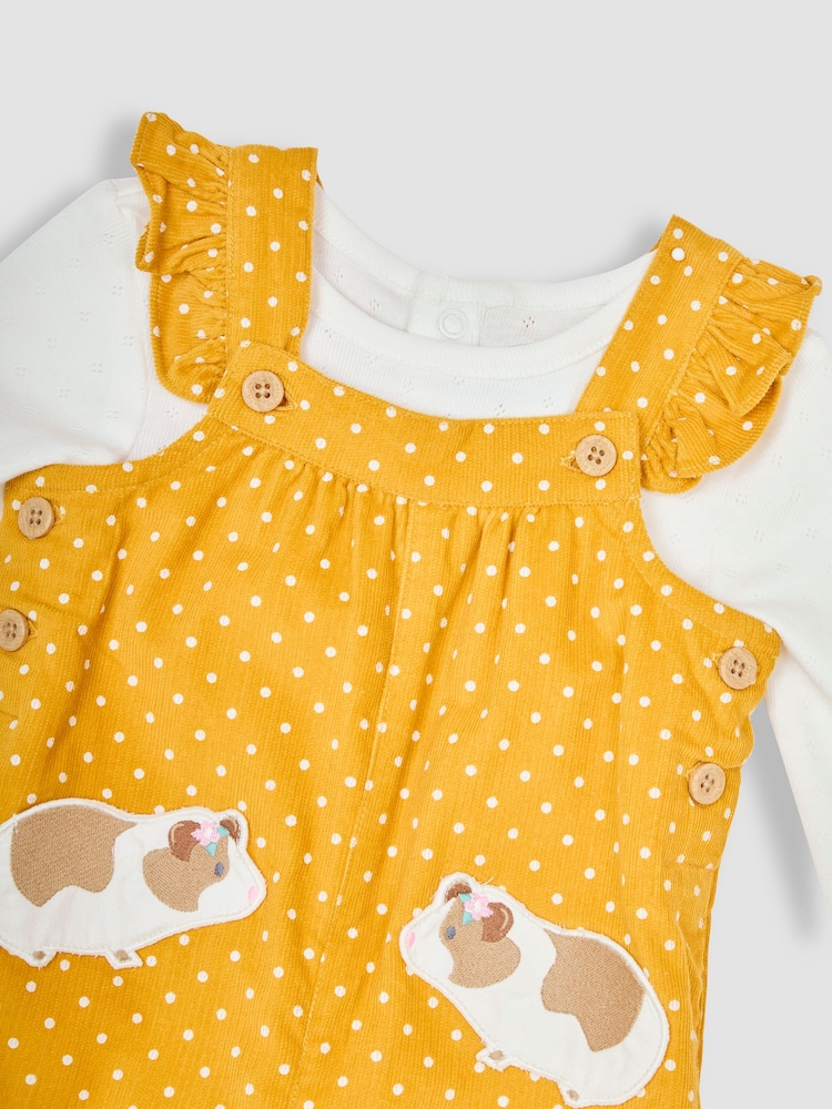 JoJo Maman Bébé Mustard Yellow Guinea Pig Appliqué Cord Dungarees & Top Set - Image 6 of 6