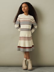 Reiss Camel Remi 4-9 yrs Knitted Striped Skater Dress - Image 1 of 4