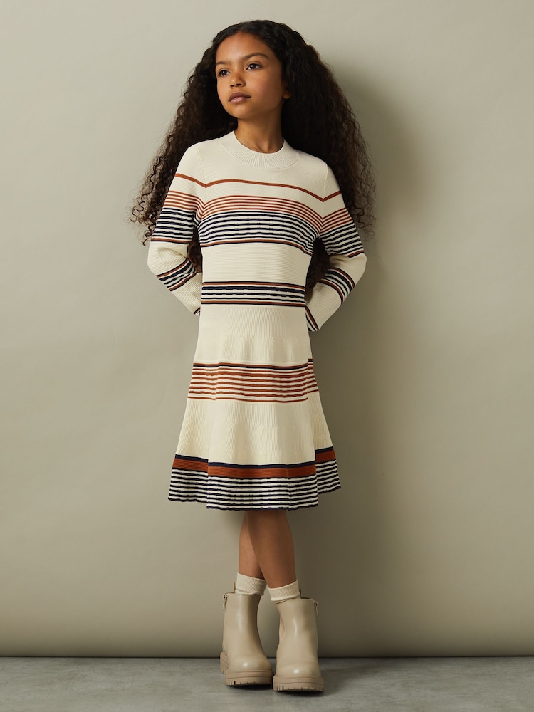 Reiss Camel Remi 4-9 yrs Knitted Striped Skater Dress - Image 1 of 4