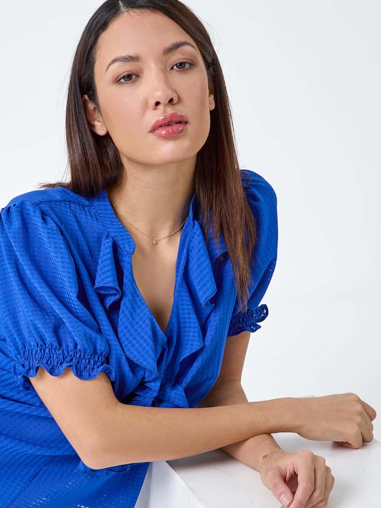Roman Blue Waffle Textured Frill Detail Top - Image 2 of 5