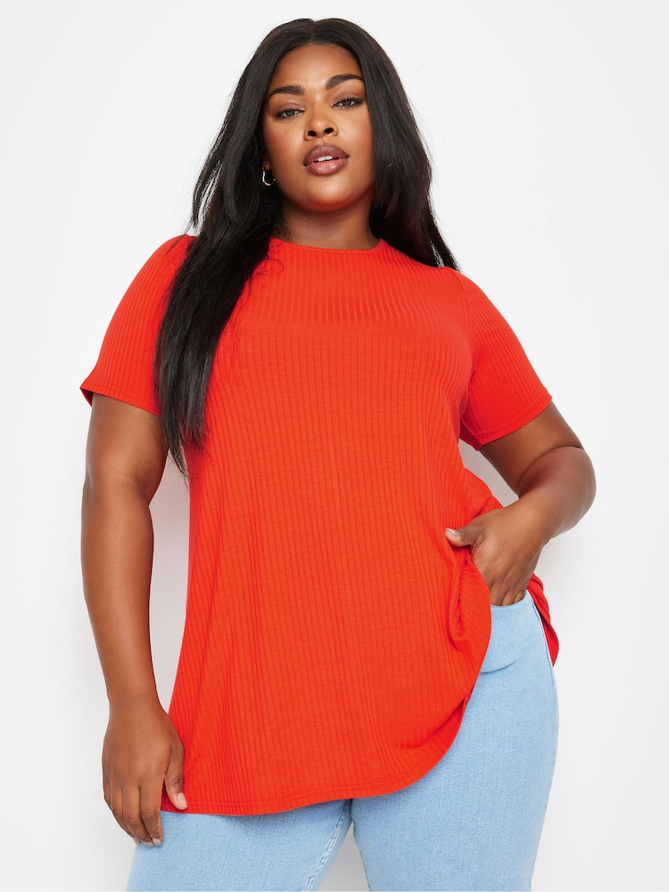Yours Curve Orange Aqua Ribbed Swing T-Shirt - Image 2 of 5