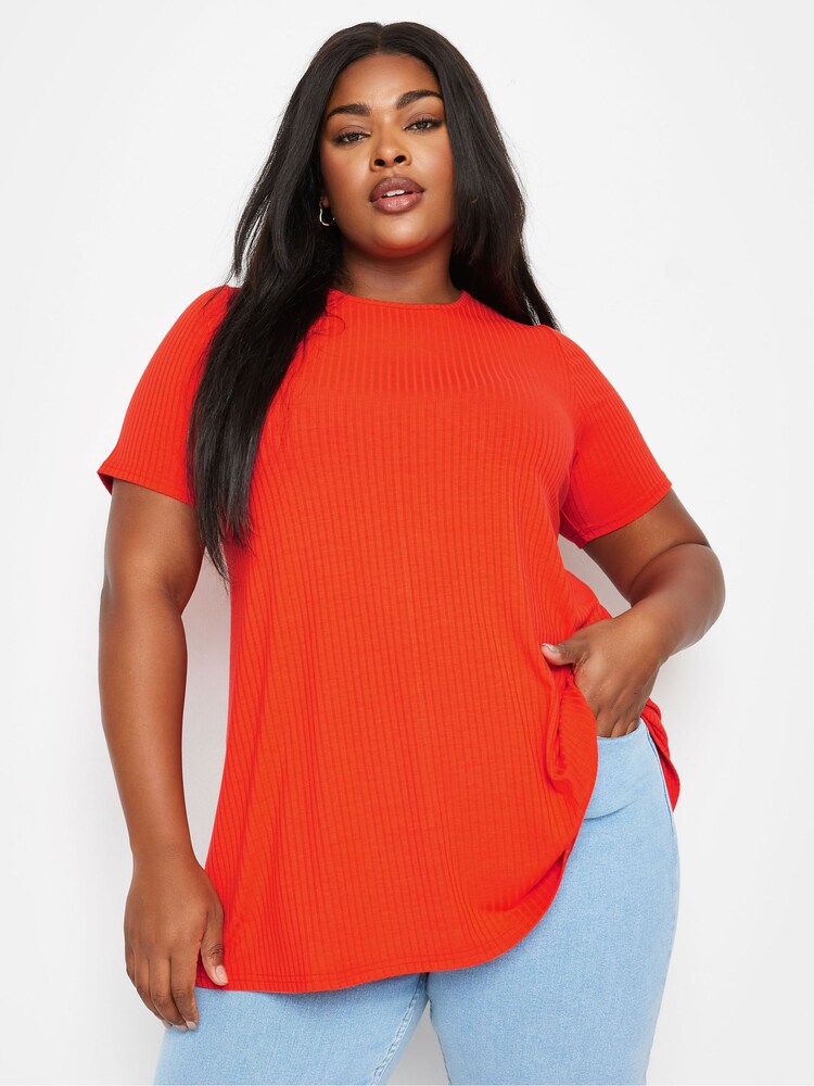 Yours Curve Orange Aqua Ribbed Swing T-Shirt - Image 2 of 5 Yours Curve Orange Aqua Ribbed Swing T-Shirt - Image 2 of 5
