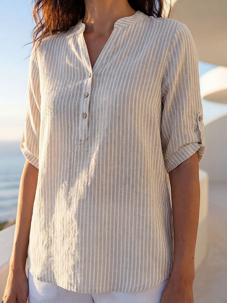 Roman Natural Stripe Button Front Top - Image 4 of 4 Roman Natural Stripe Button Front Top - Image 4 of 4