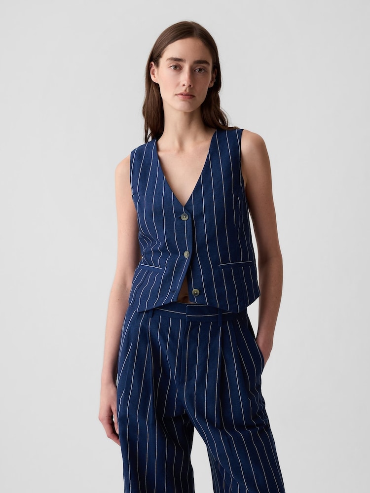 Gap Navy Blue Pinstripe Linen Cotton Waistcoat - Image 1 of 4