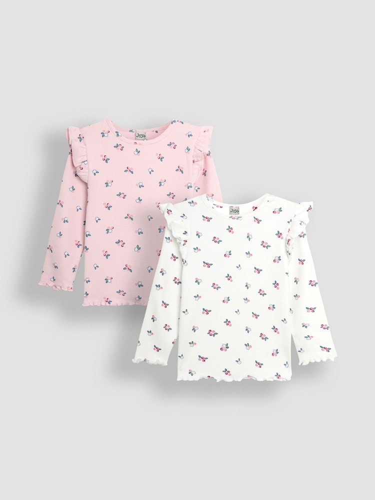 JoJo Maman Bébé Berry Floral Frill Rib Tops 2 Pack - Slika 1 iz 5