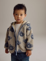Cream And Grey Bear Patterned Fleece Zip Through Hooded Jacket (3mths-7yrs) - Image 1 of 8