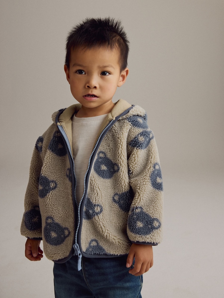 Cream And Grey Bear Patterned Fleece Zip Through Hooded Jacket (3mths-7yrs) - Image 1 of 8 Cream And Grey Bear Patterned Fleece Zip Through Hooded Jacket (3mths-7yrs) - Image 1 of 8