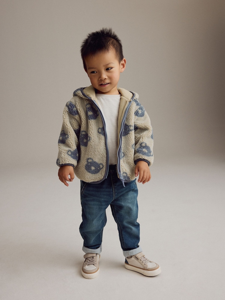Cream And Grey Bear Patterned Fleece Zip Through Hooded Jacket (3mths-7yrs) - Image 2 of 8